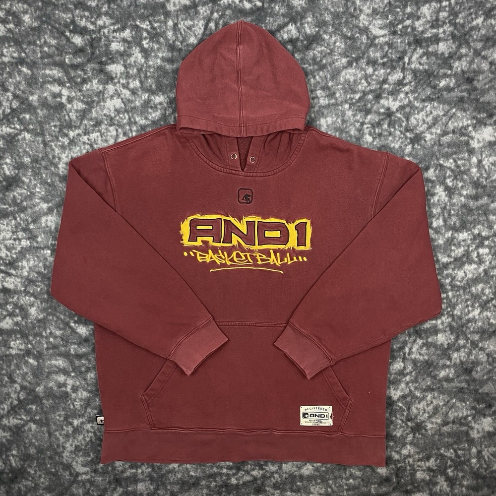 Vintage AND1 Hoodie Mens Size XL Burgundy Basketball Sweatshirt 90s Embroidered